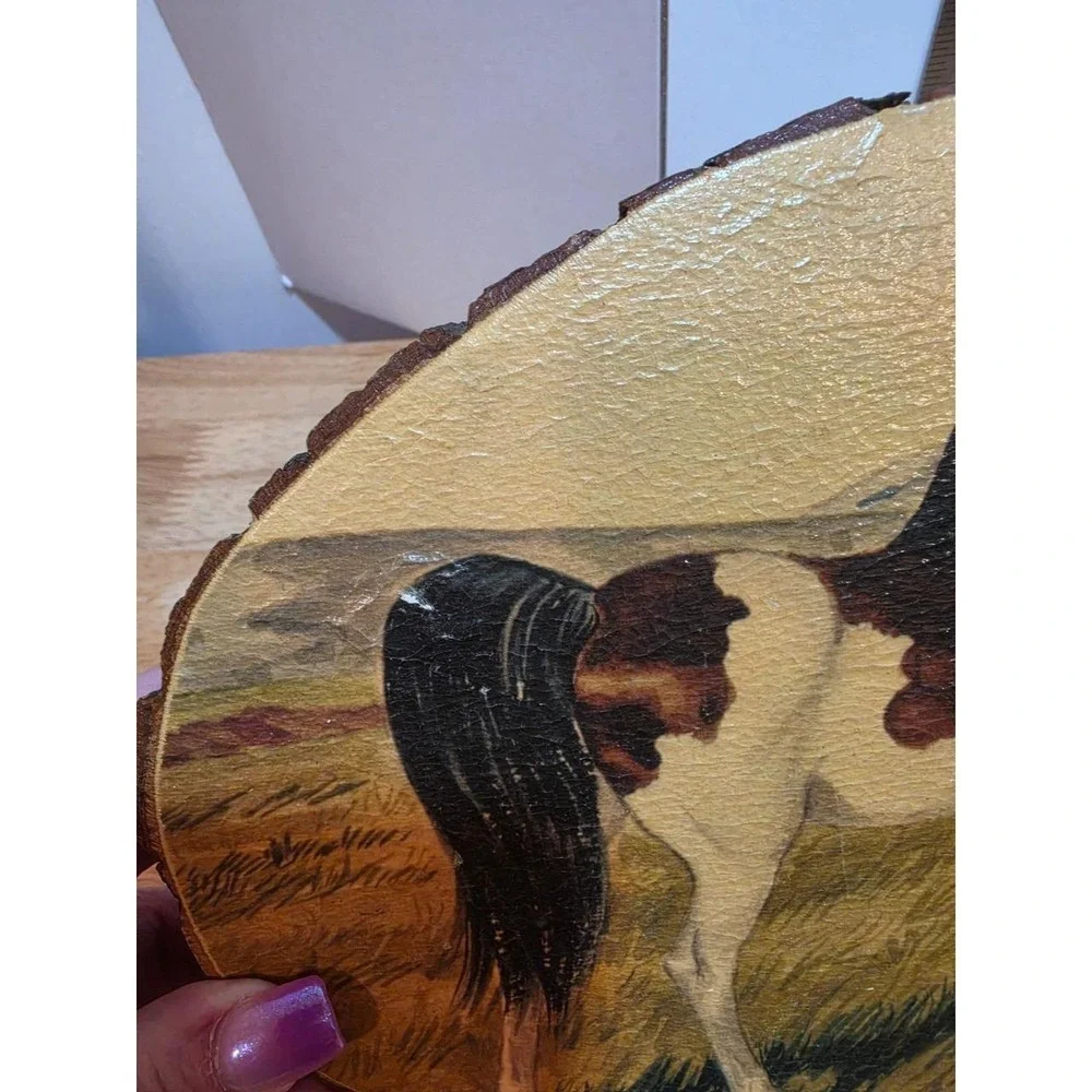 decoupaged craft plaque featuring a brown and white pinto horse on an oval wood
